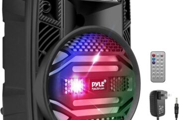 Pyle Speaker, Draagbare Bluetooth Luidspreker, Oplaadbare PA Systeem, 300W, Microfooningang, Radio, USB, MP3, Inclusief Afstandsbediening en Stroomadapter, Met DJ-Lichten, Zwart