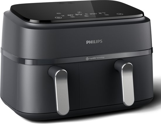 Philips 3000 Series Dual Airfryer - NA351/00 - Dubbele Mand - 9L - Tot 6 Personen - Zwart/Zilver