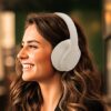 Draadloze Bluetooth stereo hoofdtelefoon met ruisonderdrukking, open ontwerp, hoogwaardige audio, krachtige bas, microfoon, opvouwbaar en lichtgewicht, geschikt voor reizen, thuiswerk, de sportschool, mobiele telefoon en computergebruik. Wit